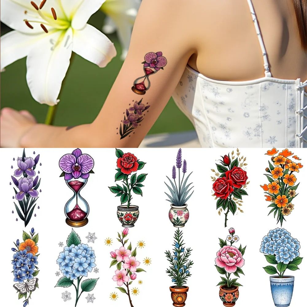 28pcs Temporary Tattoo Flower Arrangements New School Traditional Red Roses Scroll With Rose For Arms Shoulders Adults