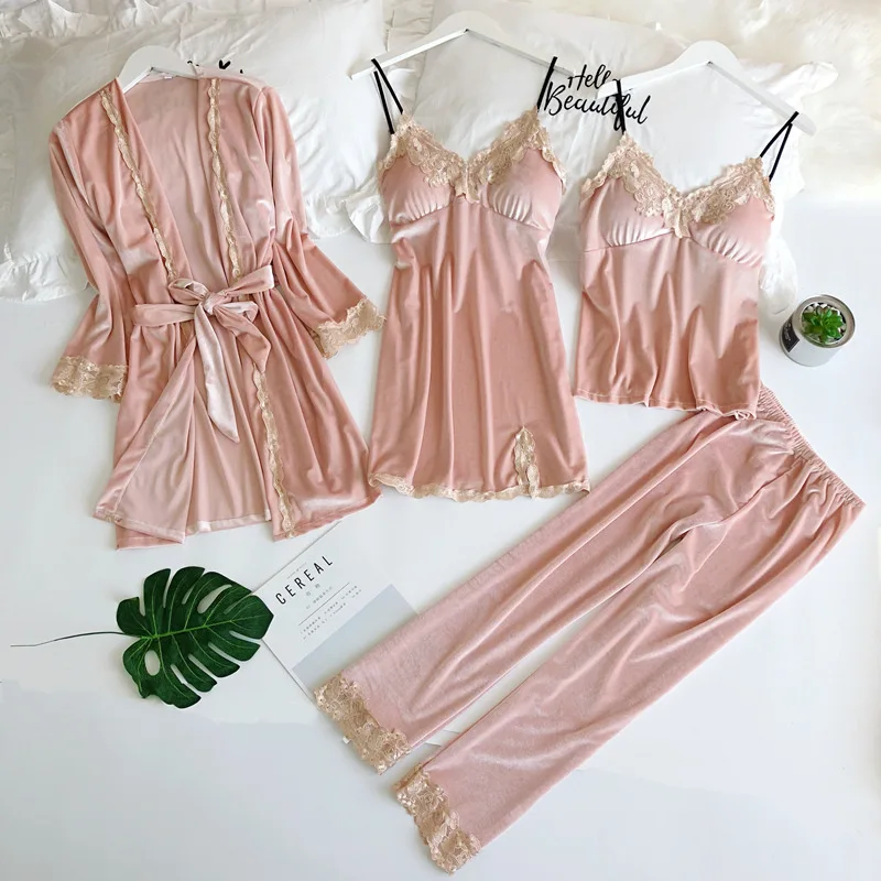 

4Pcs Pajamas Suit Warm Velour Nightwear Lady Sexy Lace Full Slip Nightwear Loose Cami Top&pants Casual Home Clothes Loungewear