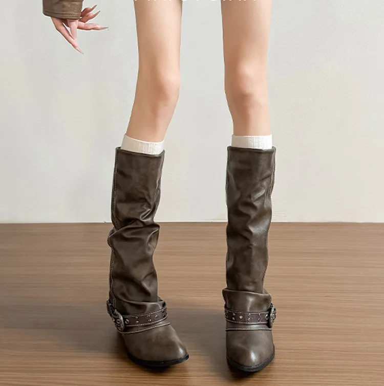 Punk-Style Belt Buckle Mid-Calf Boots for Women Square Heel Motorcycle Boots Pu Leather Pleated Boots Street Retro Riding Boots