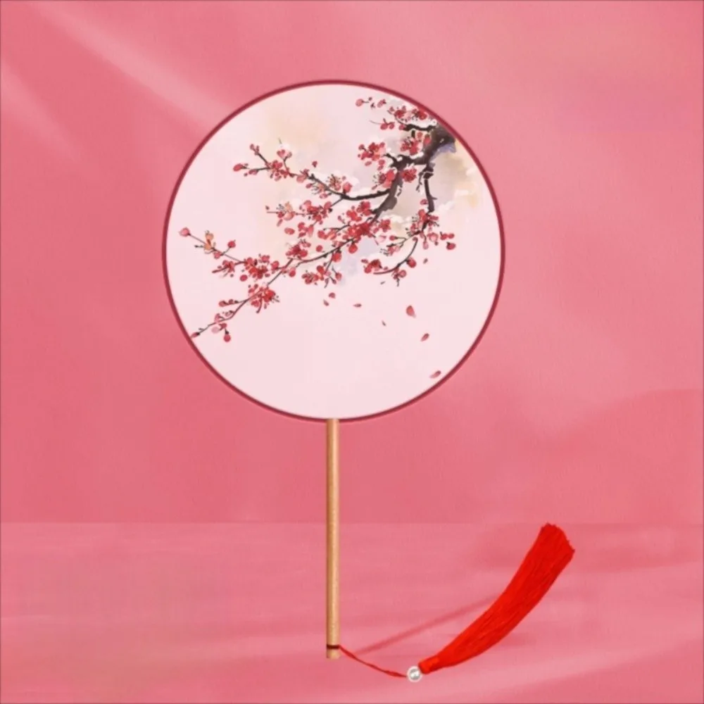 Silk Material Chinese Round Hand Fan Embroidery Design Long Handle Ancient Tassel Dance Fan Round Shape Ink Painting