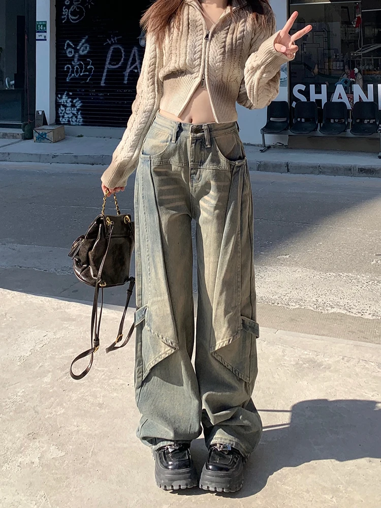 WCFCX STUDIO High Street New American Washed Retro Jeans Y2K Fashion Stitching Straight Denim Trousers Wide-leg Pants Women Chic