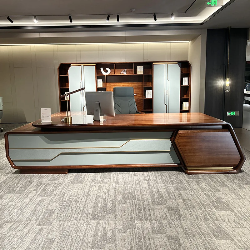 CEO desk High-End, Modern Chinese-Style Executive Desk With Ebony Wood Veneer, Suitable For Bosses And Presidents, Featuring A L