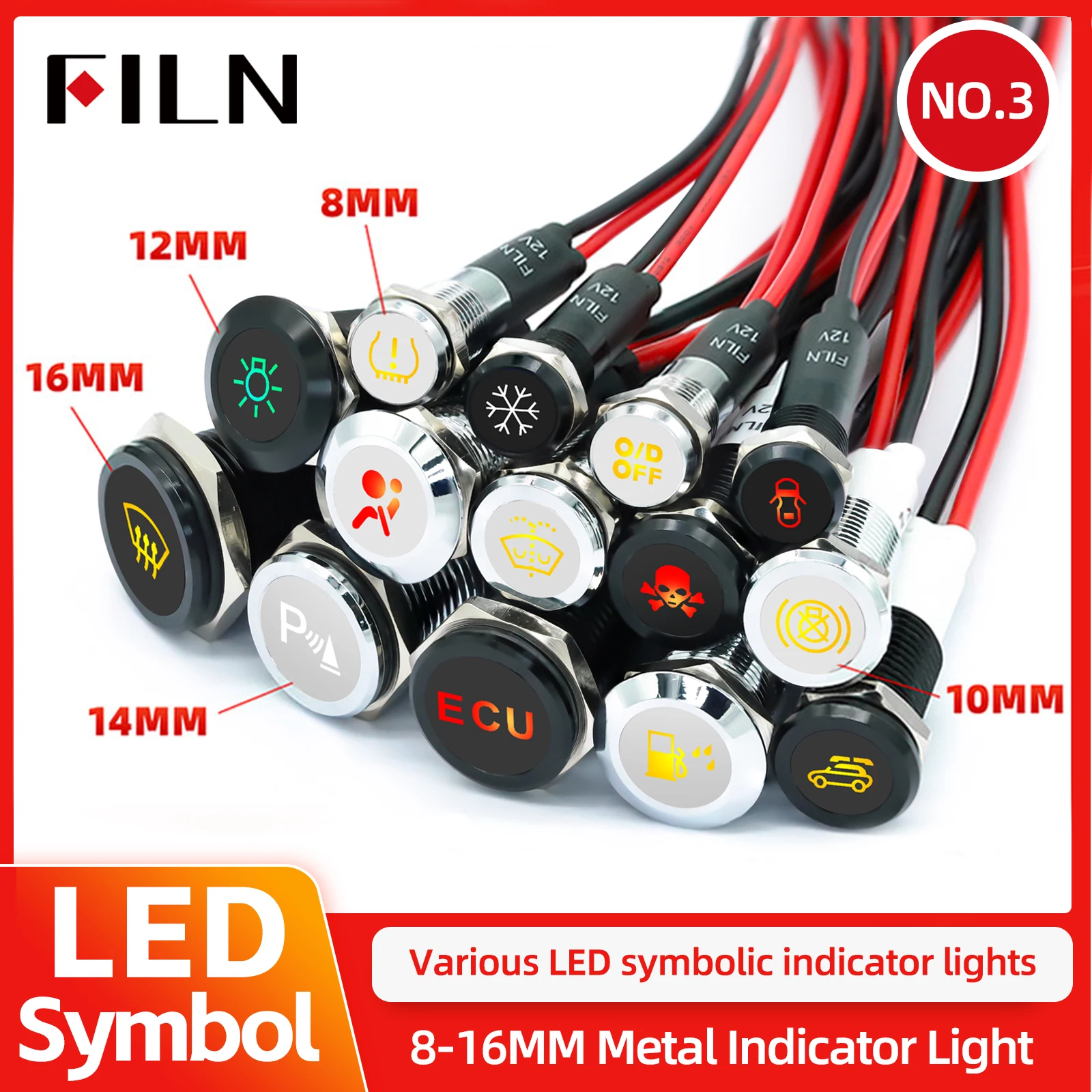 

FILN Custom Dash LED 12V 24V 8mm 10mm 12mm 14mm 16mm Indicator Lights Metal Pilot Lights with Wire Symbol Ideal for Cars
