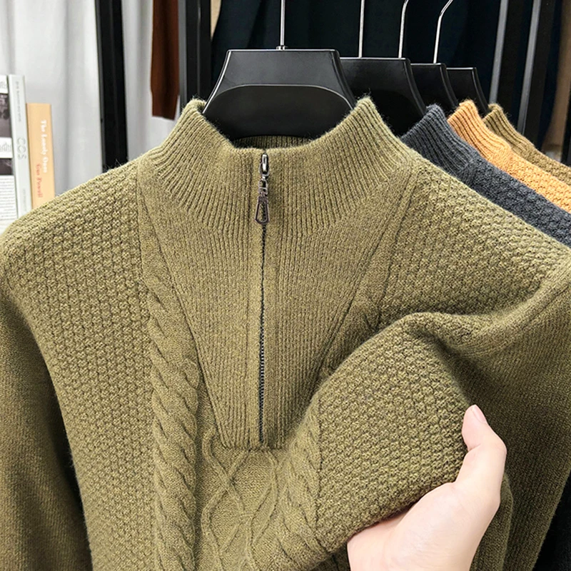 High Quality Men's Autumn Winter Knitting Sweater Mock Neck Zipper Long Sleeves Jacquard Pullover Leisure Fashion Innerwear Tops