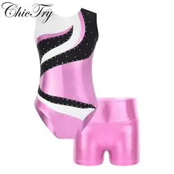 Kids Girls Ballet Dance Sets Sleeveless Gymnastics Bodysuit with Shorts Skating Leotard Stage Performance Dancewear Sportswear