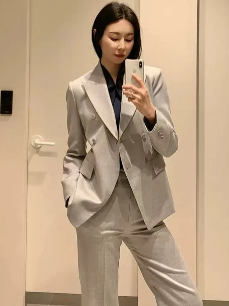 

Летний новый модный корейский деловой костюм с двойными пуговицами: пиджак и брюки, комплект из двух предметов для женщин