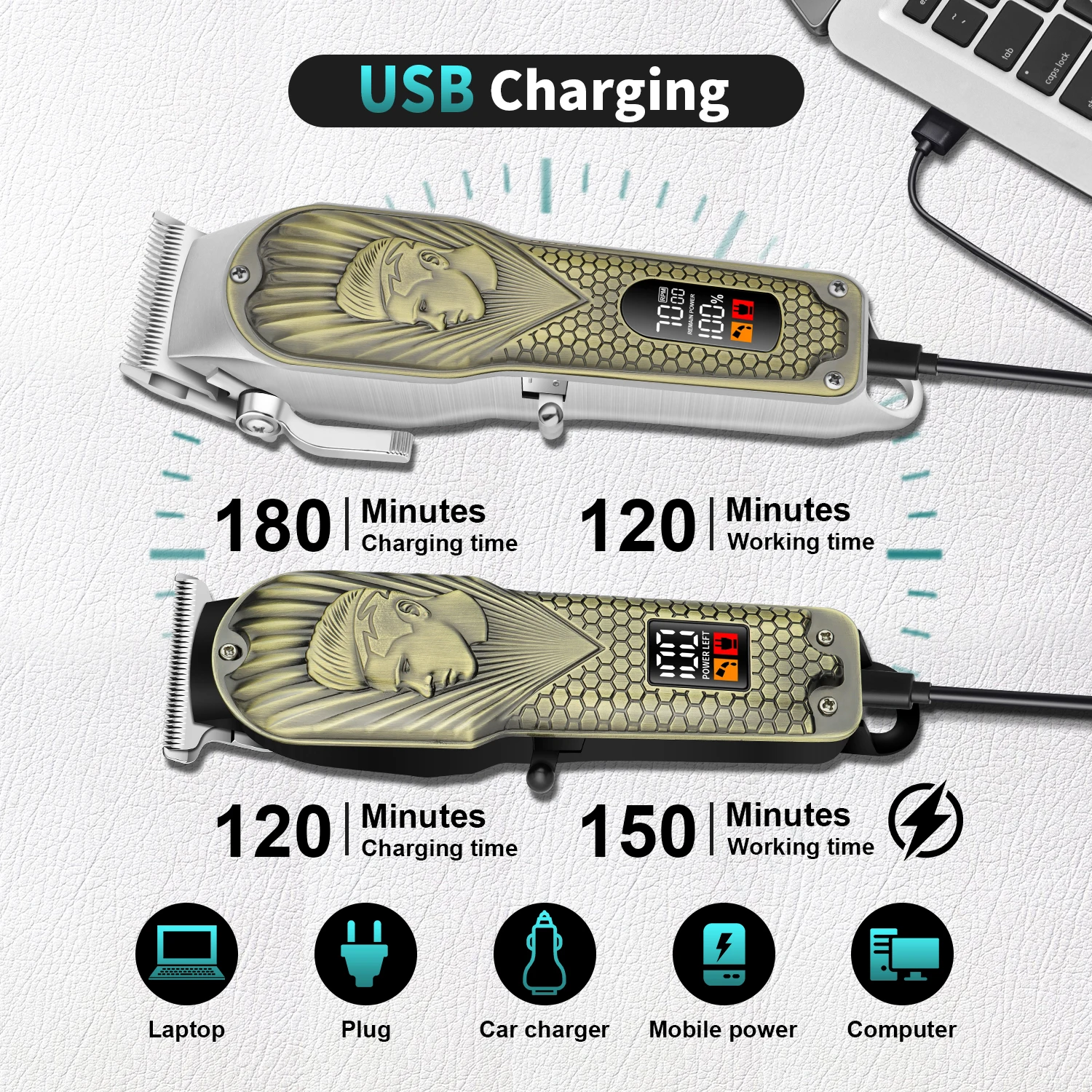 ハイエナ プロフェッショナル デジタルディスプレイ ヘアクリッパー メンズ ハイパワー バルドヘッド トリマー 散髪機 理髪店 グルーミングツール