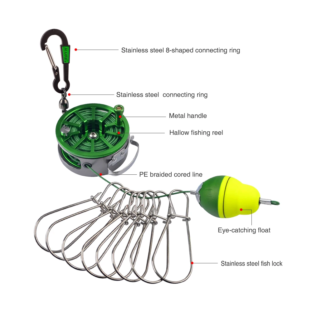 Imagem -03 - Fivela de Trava de Pesca Portátil Fivela de Trava de Peixe Vivo com Carretilha de Aço Inoxidável Presilhas Flutuadores Carretilha de Pesca Equipamento de Mar