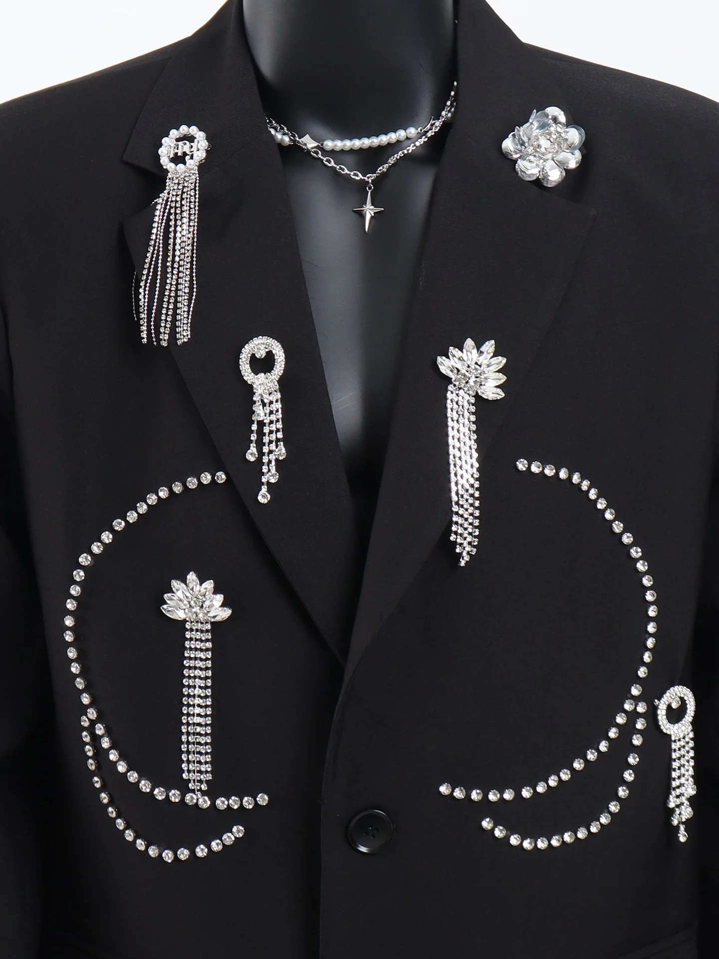 سترة سوداء بتصميم عصري فاخر للرجال، بدلة أداء مزخرفة معدنية راقية، سترة عصرية متعددة الاستخدامات #3