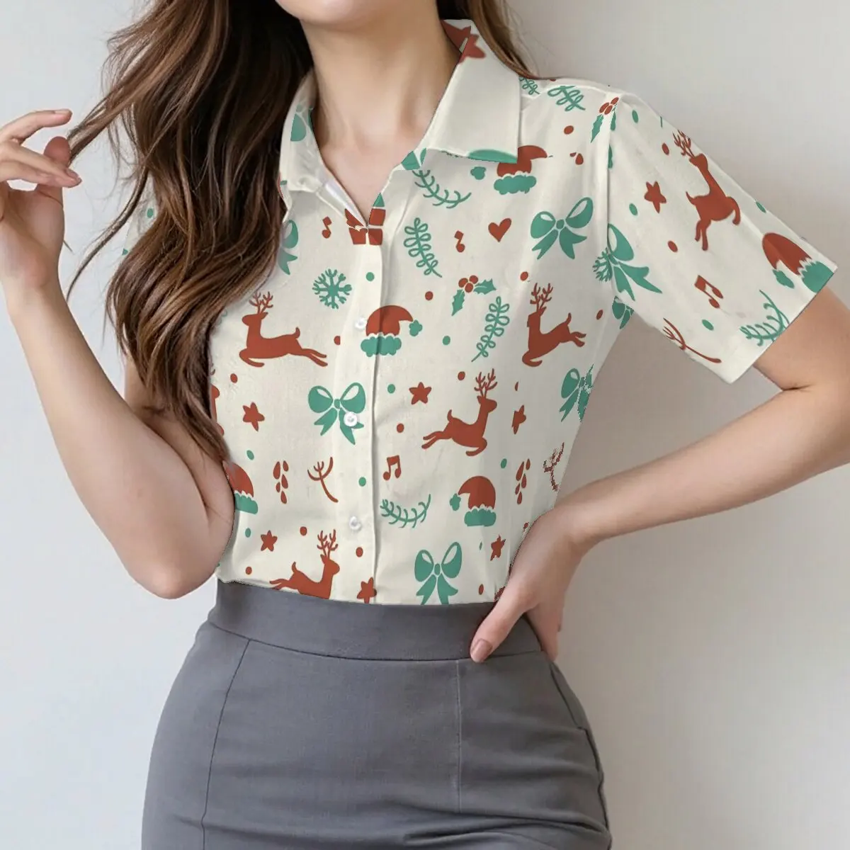 

Women's summer short-sleeve shirt with Christmas deer print, energetic and lively with festive atmosphere, perfect for fashion