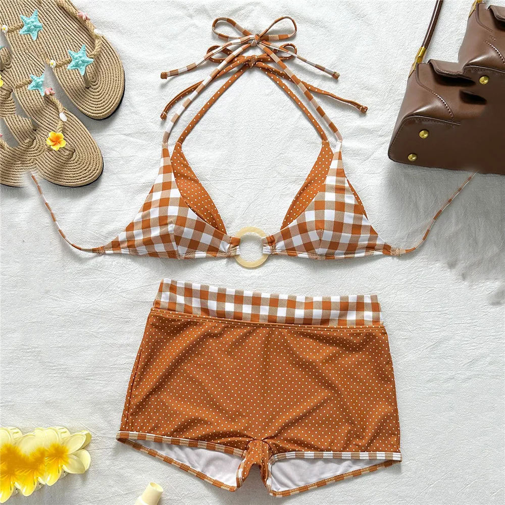 Brown Dot Plaid Print Patchwork Swimwear Halter String Triangle Bikinis Sets Women Bottom Shorts Swimsuits Bikinis De Mujer 2026