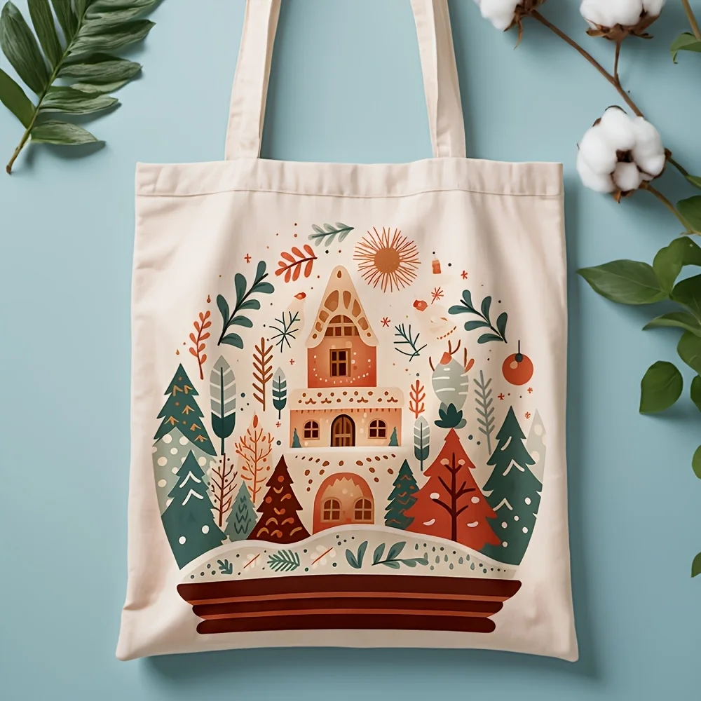 Winter Forest House Snow Globe Print Canvas Tote Bag Reusable Shoulder Handbag Christmas Holiday Gift for Women