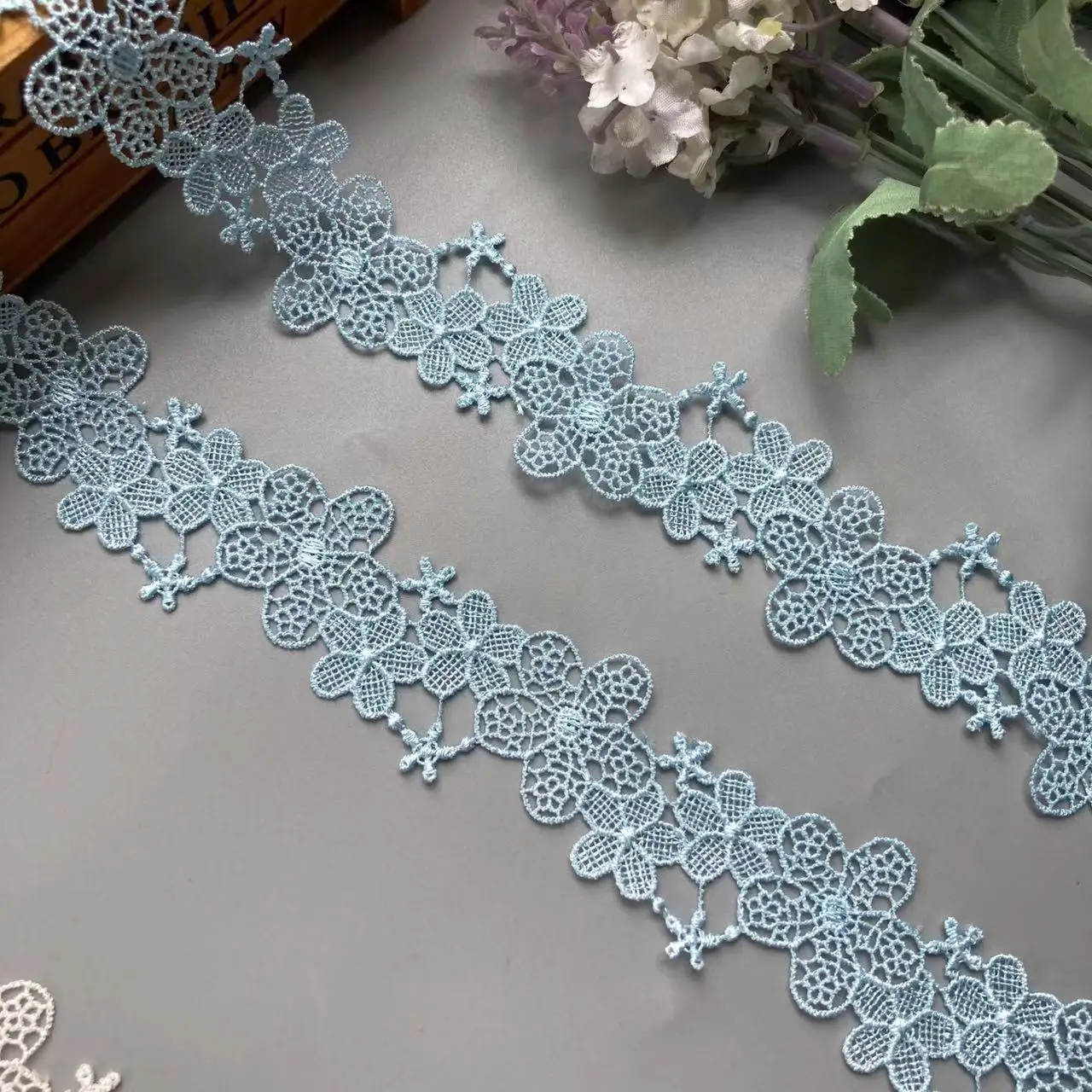 2 Yards Blue 3cm Flower Embroidered Soluble Polyester Fabric Lace Trim Ribbon Handmade DIY Sewing Craft For Costume Decoration