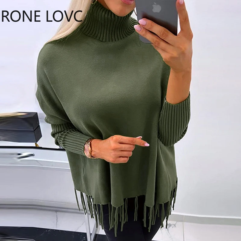 

Women Chic Solid turtleneck tassels decoration Basic Spring & Autumn Knitting Tops