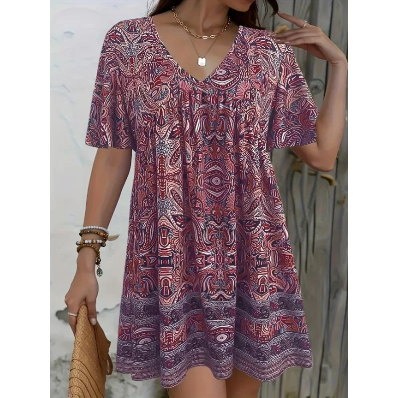 

Plus Size 1XL-5XL Women's Fashionable Printed V-neck Loose Dress Ladies Casual Comfortable Short Sleeved Dress