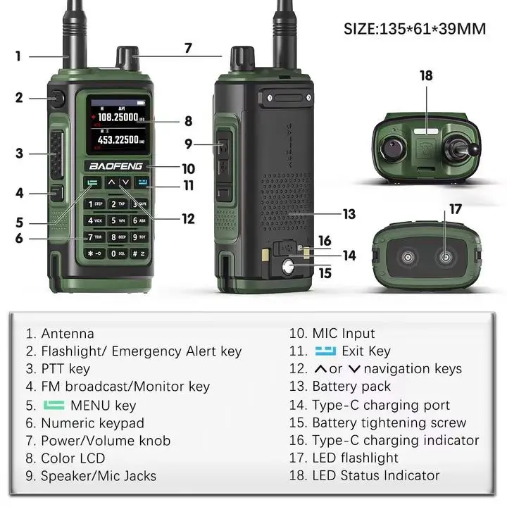 For Baofeng UV-17 Walkie Talkie UV 17 Tri-Band Two Way Radio Type-C Charger FM Wireless Copy Frequency 5W 1800mAh
