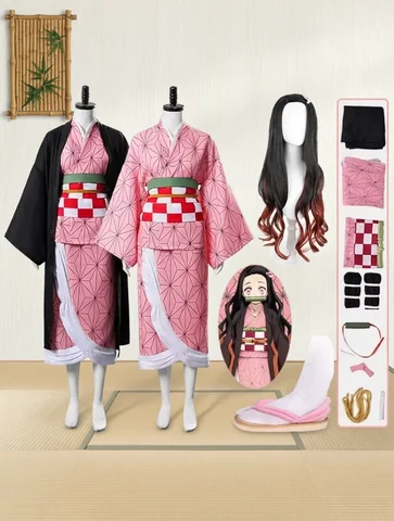 Anime Kamado Nezuko Cosplay Costume Costumes Kimono Haori Wig Suit For Adult Children Hallow