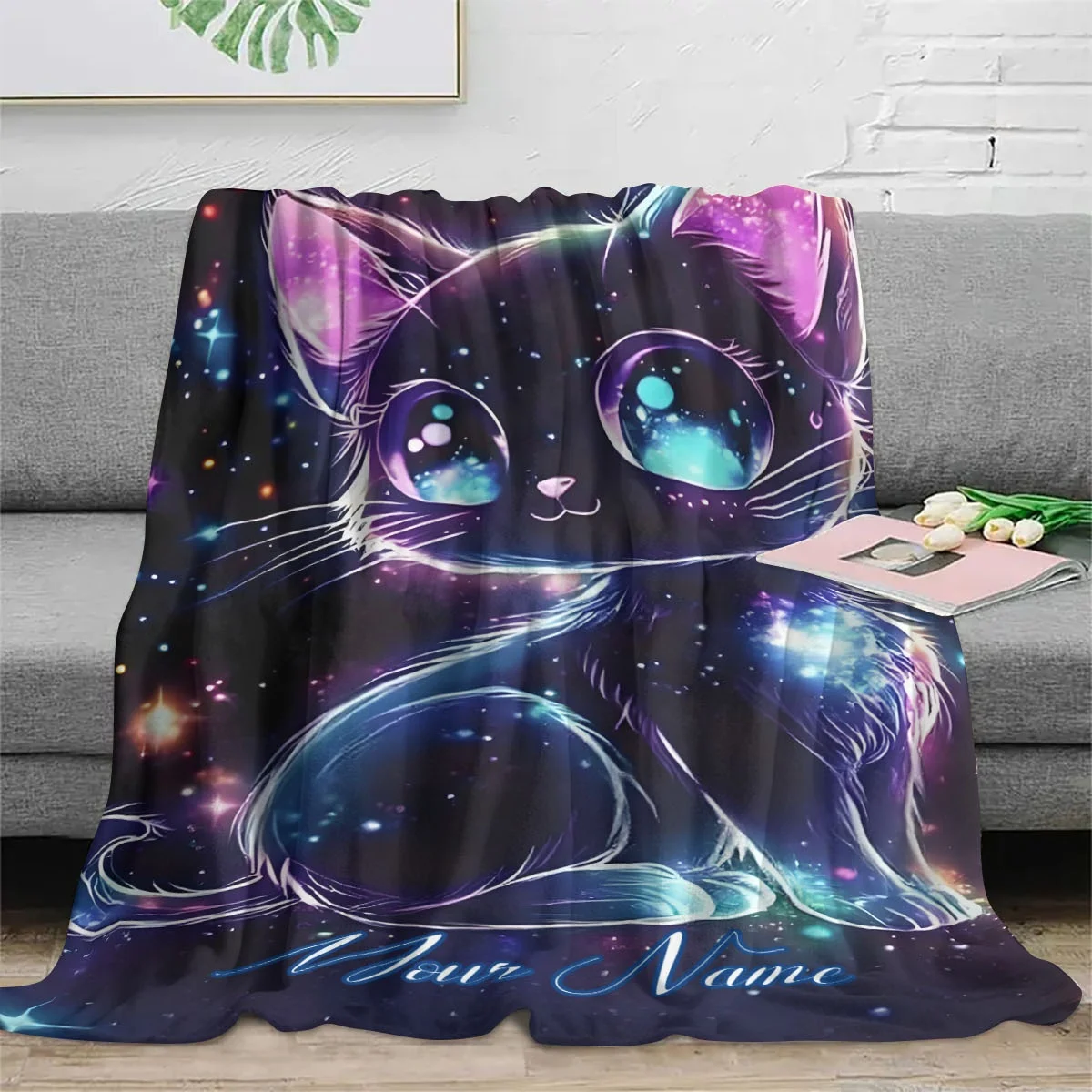 Customizable Name Galaxy Cat Pattern Blanket, Cosmic Kitty Illustration, Birthday Gift with Dreamy Starry Design