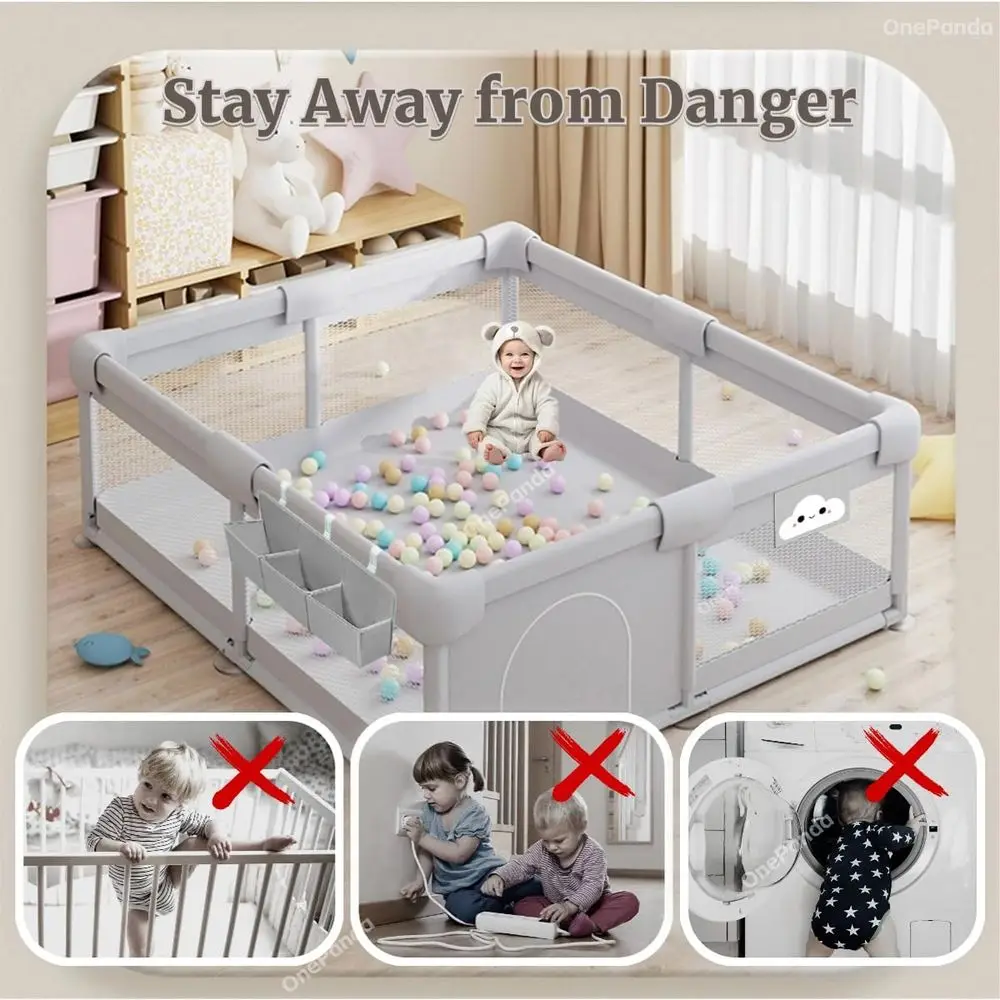 Przestronny kojec dla niemowląt z wyściełanymi krawędziami, 71x59, piłeczki do basenu, bramka, schowek i centrum aktywności w kolorze jasnoszarym