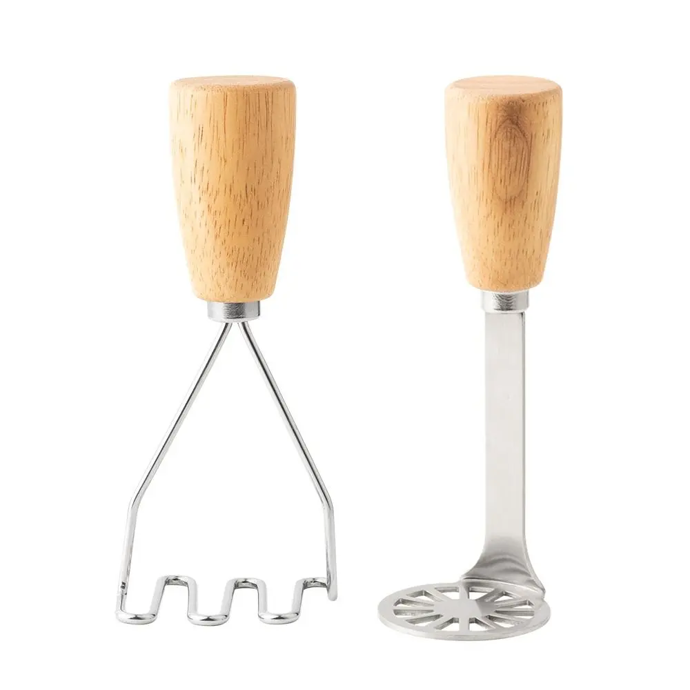 2Pcs Wooden Handle Potatoes Crusher Set Free Standing Non-Stick Baby Food Masher Rust-proof Comfortable Grip Potatoes Mud Pusher