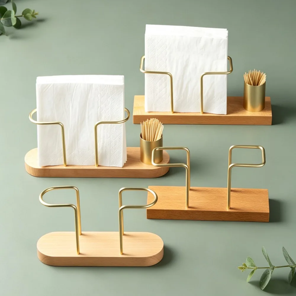 Wood Wooden Tissue Paper Holder Elegant Design Metal Toothpick Dispenser Space-saving Multifunction Desktop Organizer
