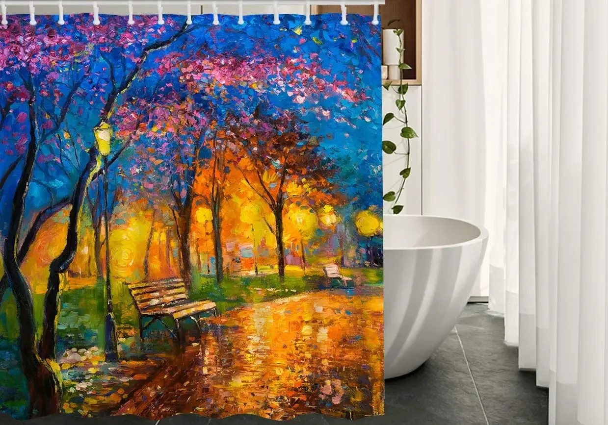 Tree By Ho Me Lili Shower Curtains Oil Painting Of Park Forest Bench Sakura Flower Leaves  Autumn Bathroom Set Home Decorative