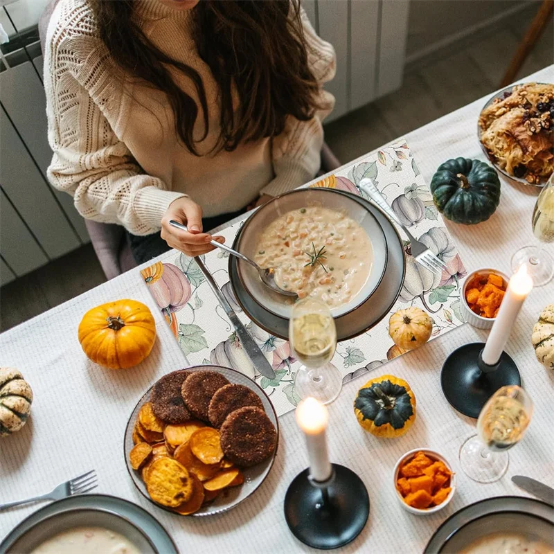 

4PCS Thanksgiving Day Table Placemats 30*45cm Linen Autumn Pumpkin Maple Leaf Printed Dining Table Mat Festive Table Decoration