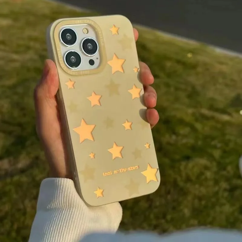 Yellow Laser Card Glittering Stars Phone Case For iPhone 14 13 12 11 Pro XS MAX XR 7 8 Plus Mini SE2020 Silicone Cover Cases