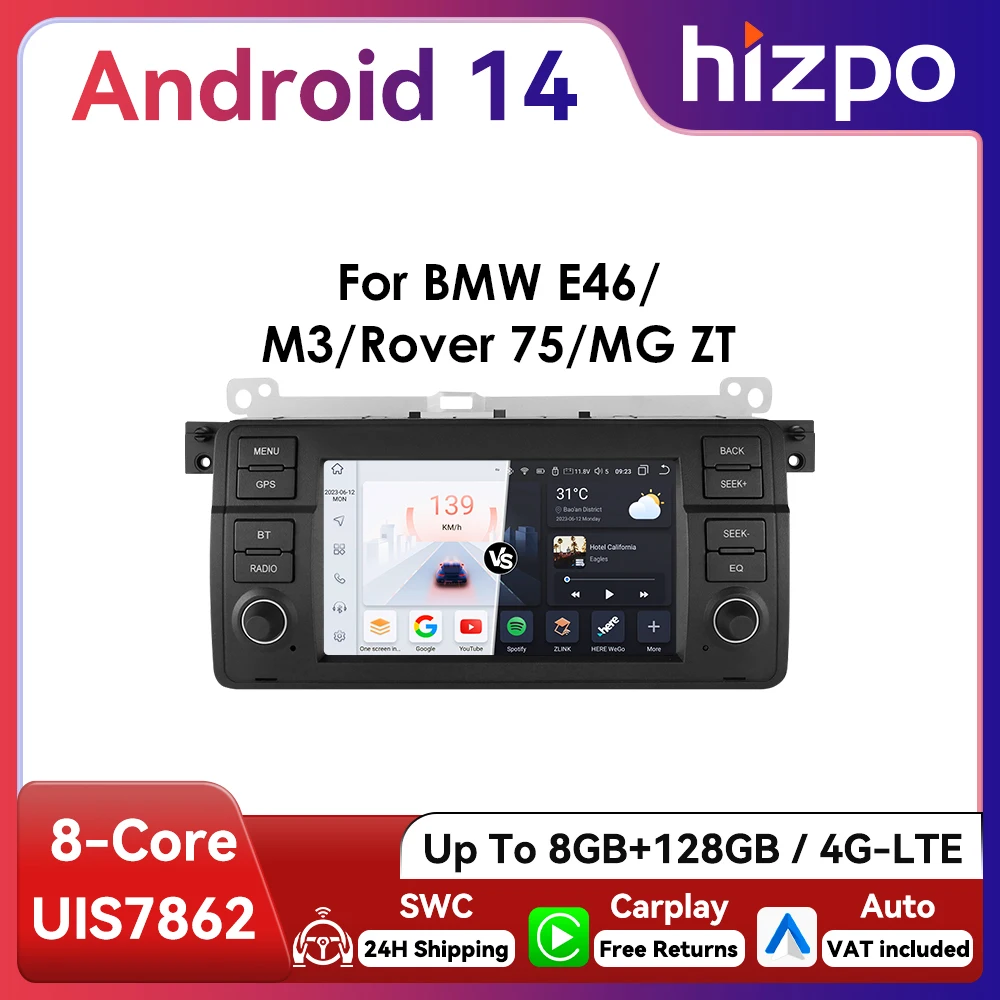 7 "HIZPO Android autoradio multimédia pour BMW E46 série 3 M3 318/320/325/330/335 1998 - 2005 CarPlay 4G BT WiFi SWC RDS DSP