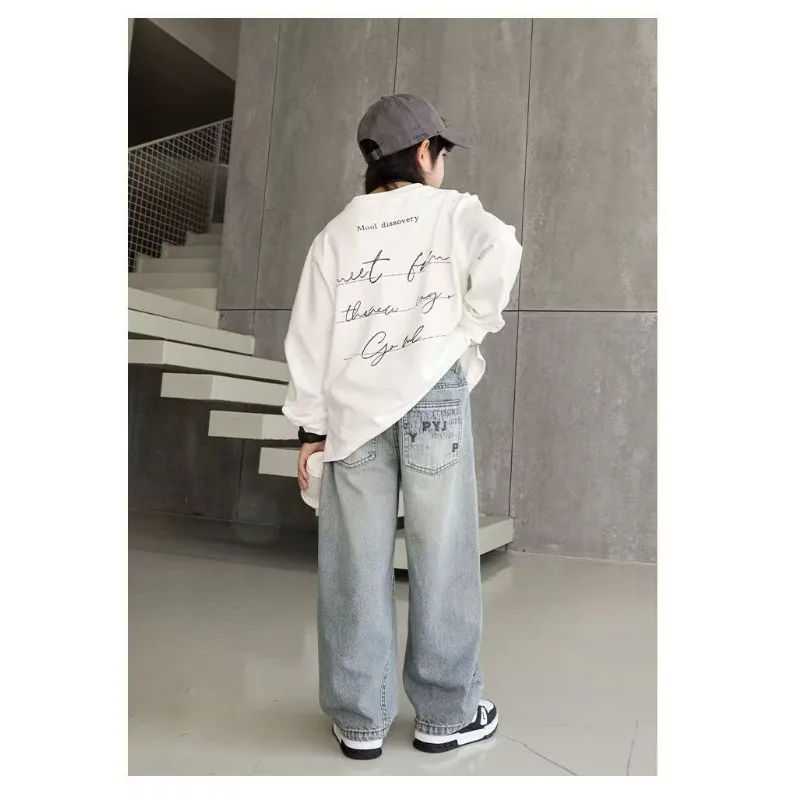 Herbst Kinder Jeans UNITIM 4-14 Jahre Jungen Denim-Hosen mit Schriftzetteltasche Lose Elastische Taille Junior Jungen Gerade Hosen Teenager Jungen Hose – Detail 5