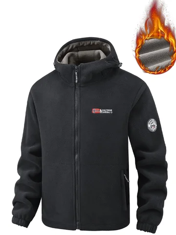 Black Fleece Zip - Up Hooded Jacket with Norwegian Flag and "Outdoor Norway" Embroidery