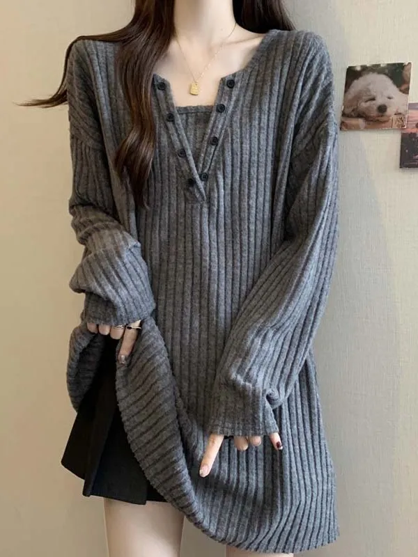 Loose Lazy Sle Women's Sweater 2025 Autumn Winter plus Size Long Sve Mid-Length Knitted Top Missing Bot