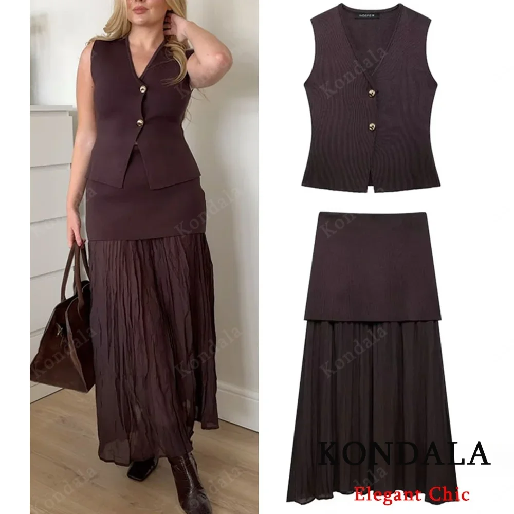 

KONDALA винтажная юбка-миди, комплект жилета, женский вязаный жилет на пуговицах + плиссированная лоскутная юбка, модный праздничный комплект весны и осени 2025 года