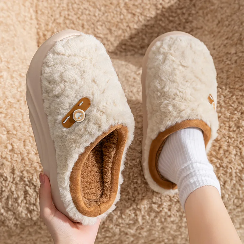 New Women's Winter Warm Cute Cartoon Slippers Closed Toe Non Slip Furry House Shoes Men Indoor Bedroom Thick Sole Plush Slippers