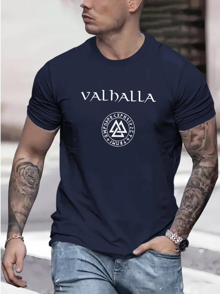 

Мужская футболка Valhalla в скандинавском стиле с круглым вырезом, хлопковая с короткими рукавами, с принтом логотипа Nordic Warrior и рисунком топора.