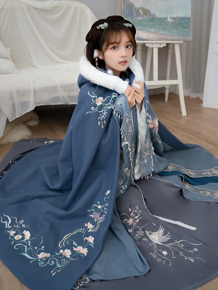 Manteau d'Hiver Chaud pour Femme, Pardessus Épais Chinois, à Capuche, Vêtement Traditionnel de Prairie, Cosplay, Bleu, Hanfu Everak