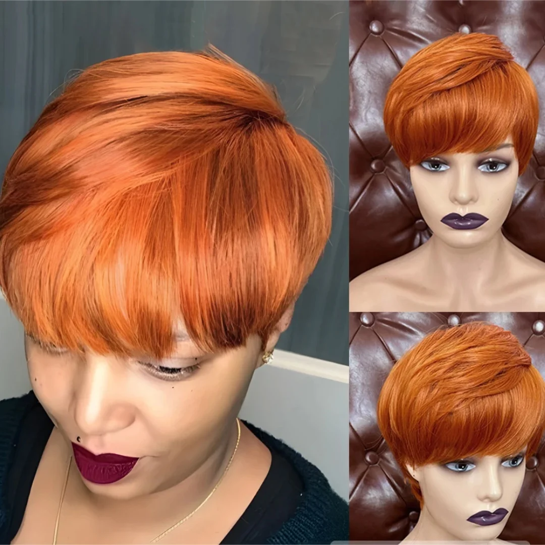 Ginger Color Short Peruvian Hair Wig with Bangs Orange Color full machine made Short Pixie Cut Bob Wig 100% Human Hair Wigs