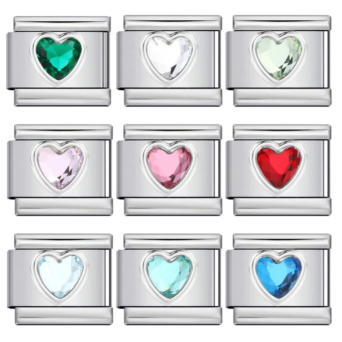 Fashion Tide Women Heart Colorful Zirconia Italian Charm Link Fit 9mm Stainless Steel Bracelets Making DIY Jewelry Gifts