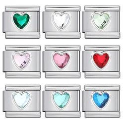 Fashion Tide Women Heart Colorful Zirconia Italian Charm Link Fit 9mm Stainless Steel Bracelets Making DIY Jewelry Gifts
