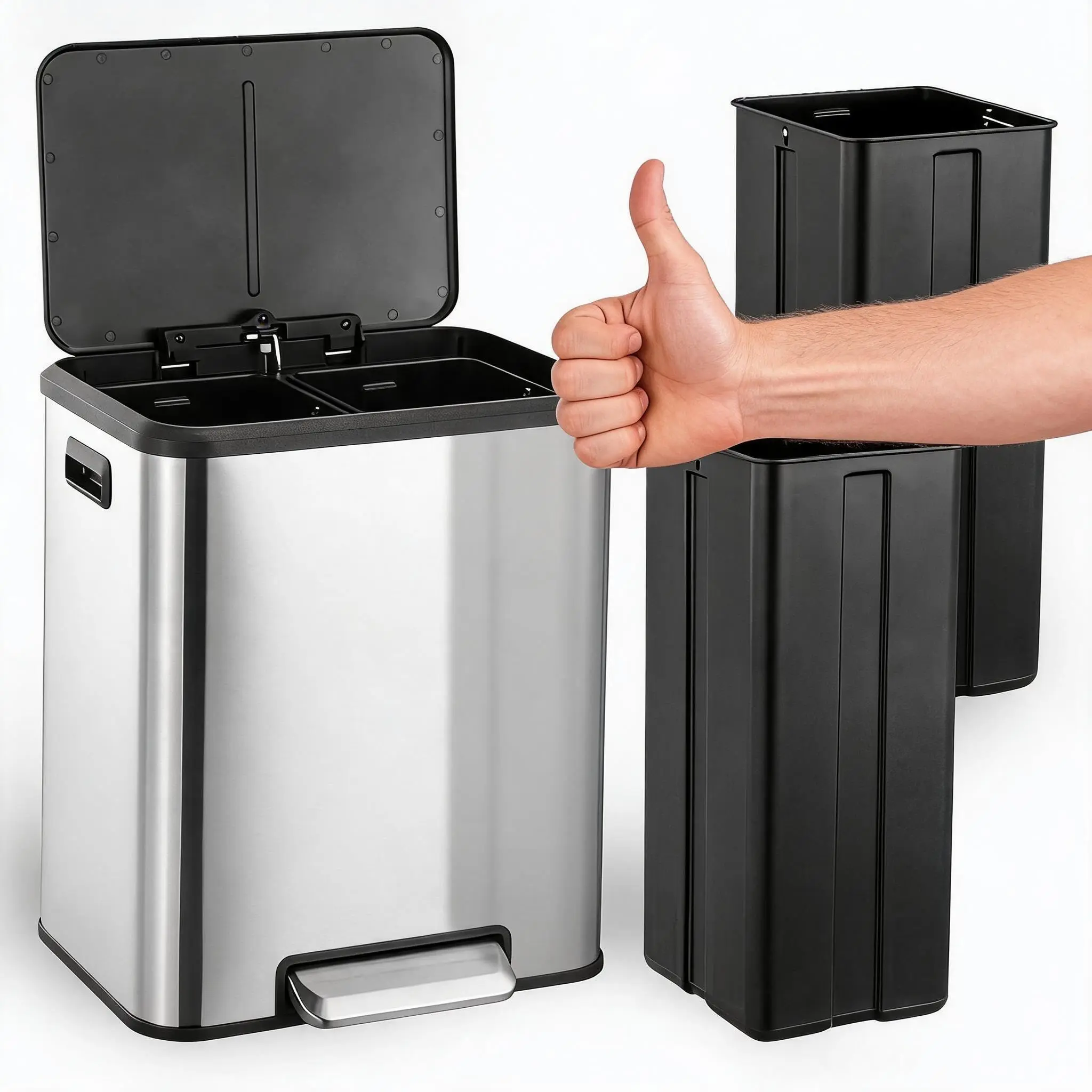2 bin Stainless Steel Double Trash Can, Removable Bins, Silver