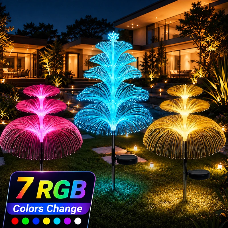 Solar Fiber Optic Jellyfish Lawn Lamp, 1/2/3 Layer or 5 Layer Star, 7 Color Changing, IP65 Rating, Walkway Garden Yard Accent