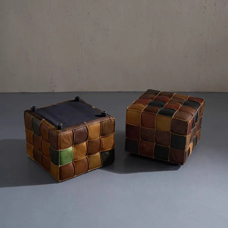 All leather square creative pedal shoe change low stool light luxury sofa stool living room