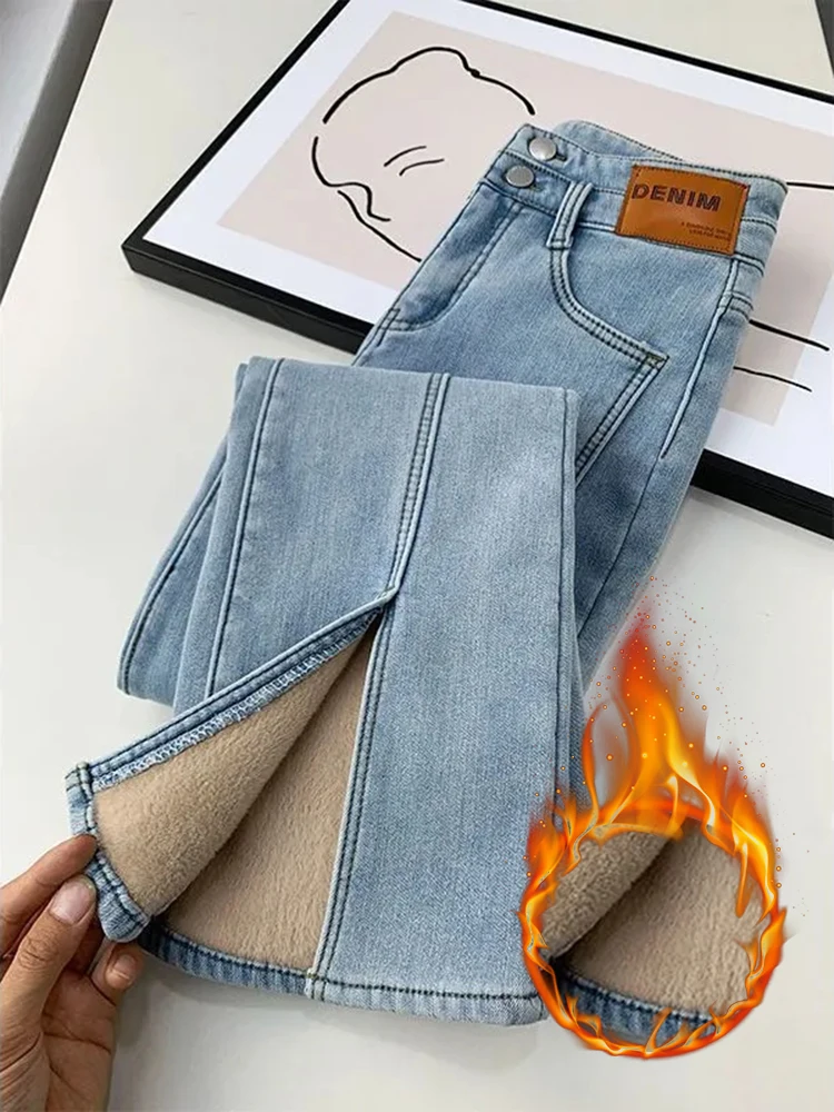 Thicken Button Skinny Denim Pants Winter Plus Velvet Lined Split Flare Jeans High Waist Warm Vaqueros Korean Casual Pantalones