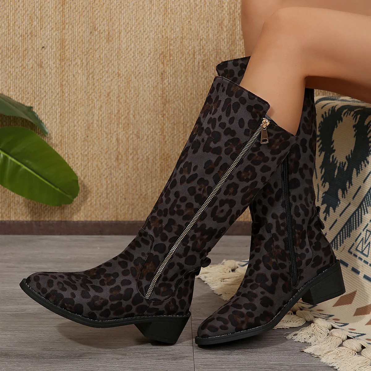 Comemore Leopard Print Women's Long Boots Fashion Thick Middle Heels Ladies Side Zipper Suede Knee High Boots Autumn Female Shoe