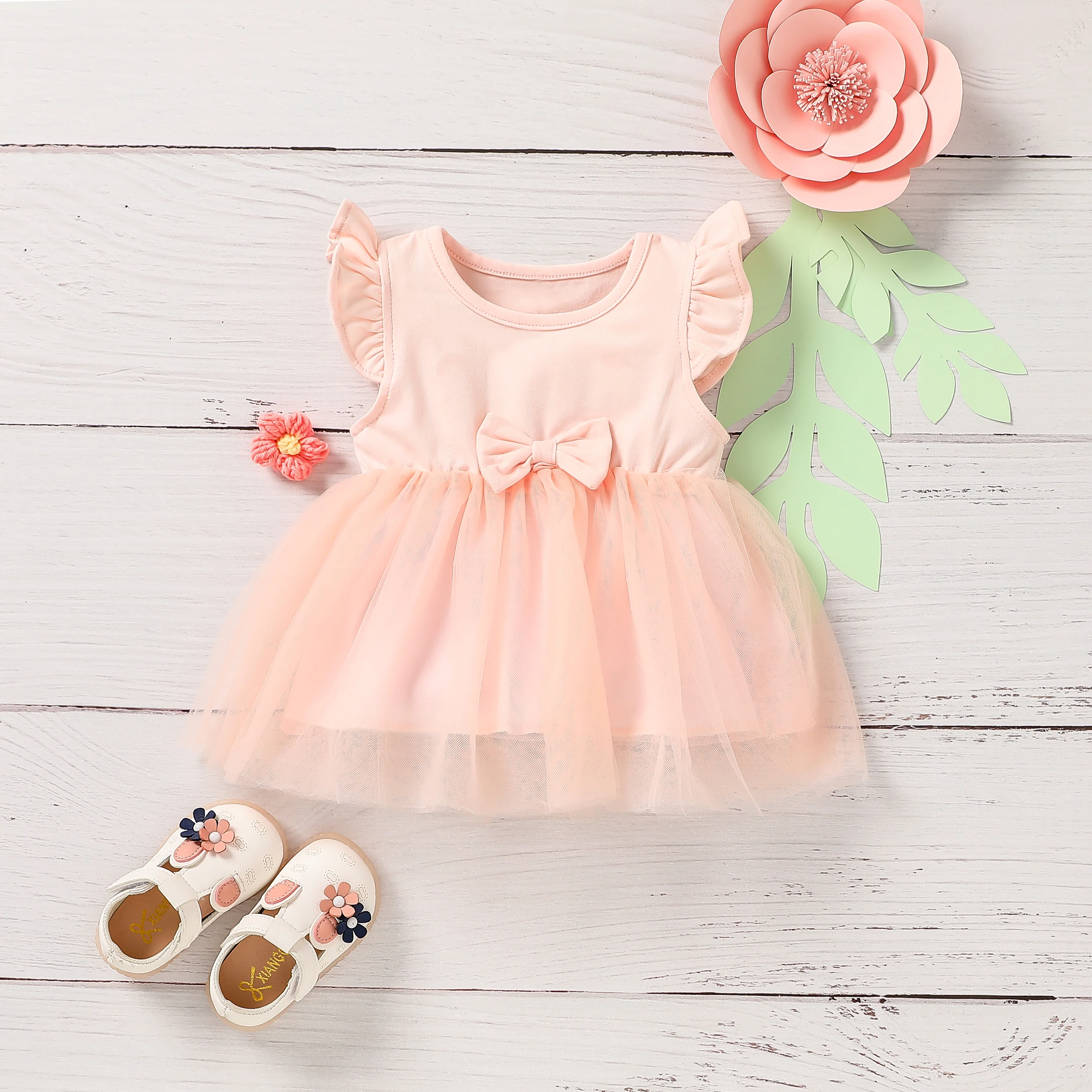 

Baby Girl Solid Color Dress Summer Cute Fly Sleeves Lovely Dress With Bow