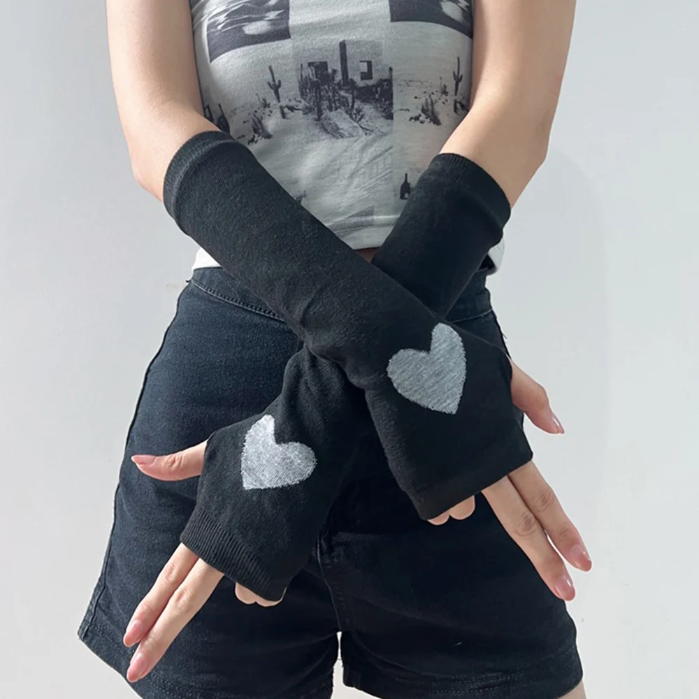 New Long Glove Arm Cover Classic Black Love Star Psttern Fingerless Elbow Gloves Warmer Knitted Wristband For Y2K girls