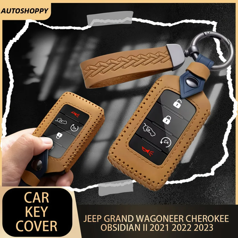 

Leather Car Remote Key Case Cover for Jeep Grand Wagoneer Cherokee Obsidian II 2021 2022 2023 Protection Auto Accessories