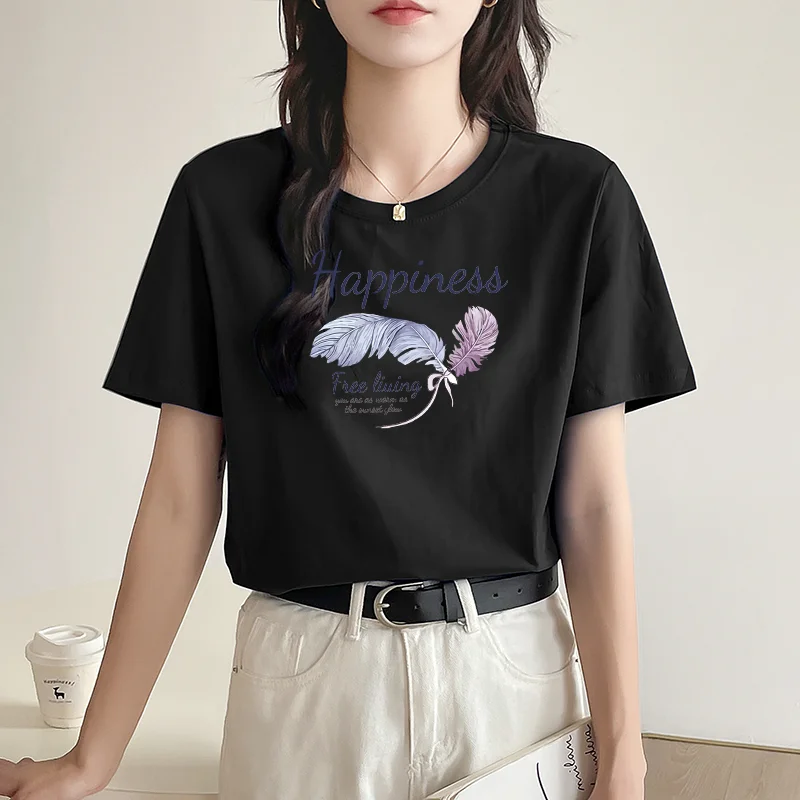 Guangdong Guangzhou Thirteenth Factory Women's Fashion T-Shirt Summer Wear Cotton Crew Neck Short Sleeve Loose Fit Commute Style