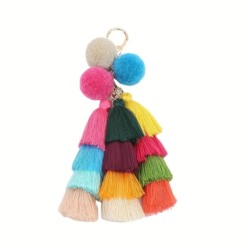 Llavero bohemio hecho a mano para mujer, colgante de Bola de Pelo, colgante de borla, accesorios de llavero de pompón Multicolor