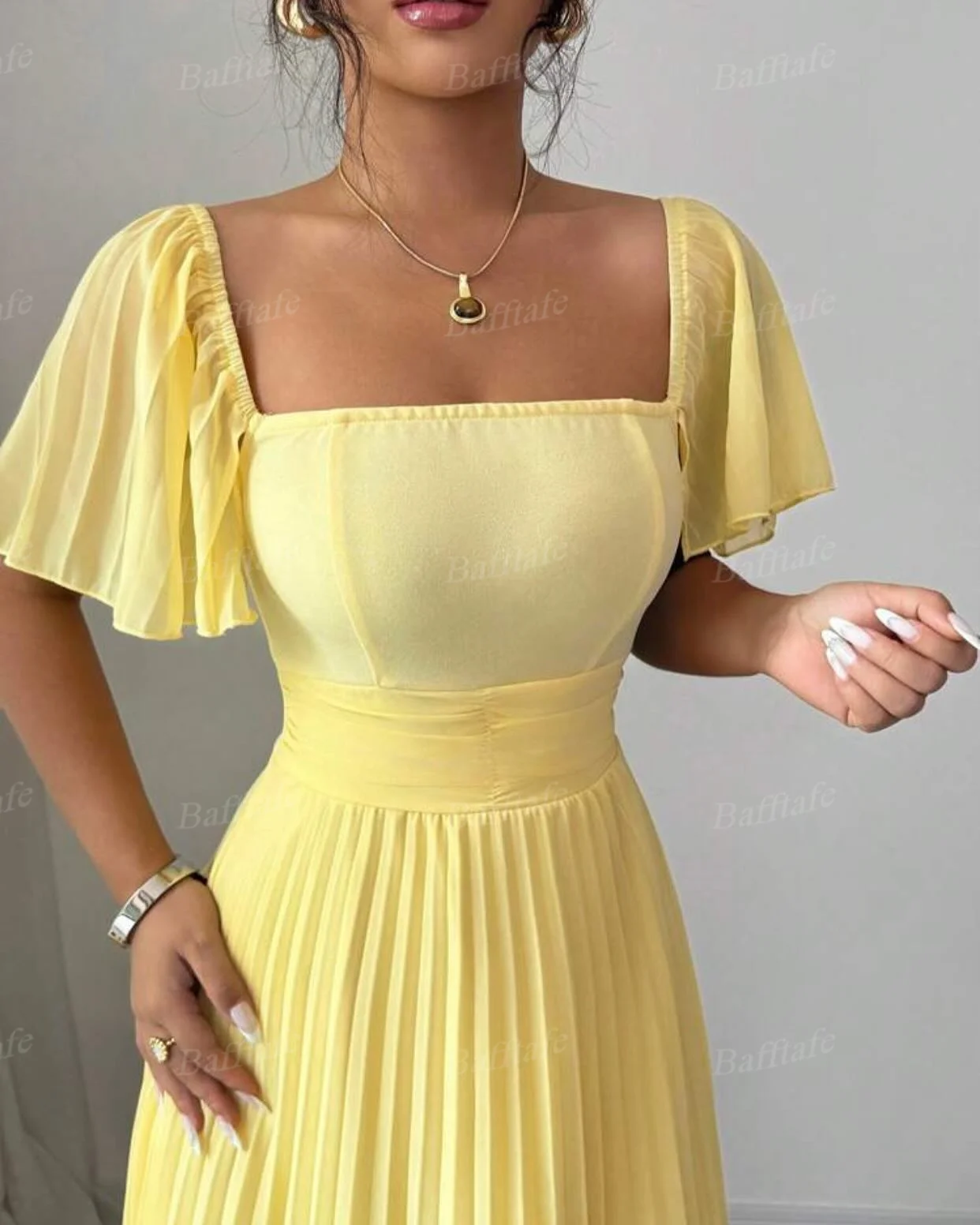 Bafftafe Yellow Crumpled Chiffon Evening Dresses Customized Square Short Cap Sleeves Women's Formal Party Red Carpet Prom Gowns 6